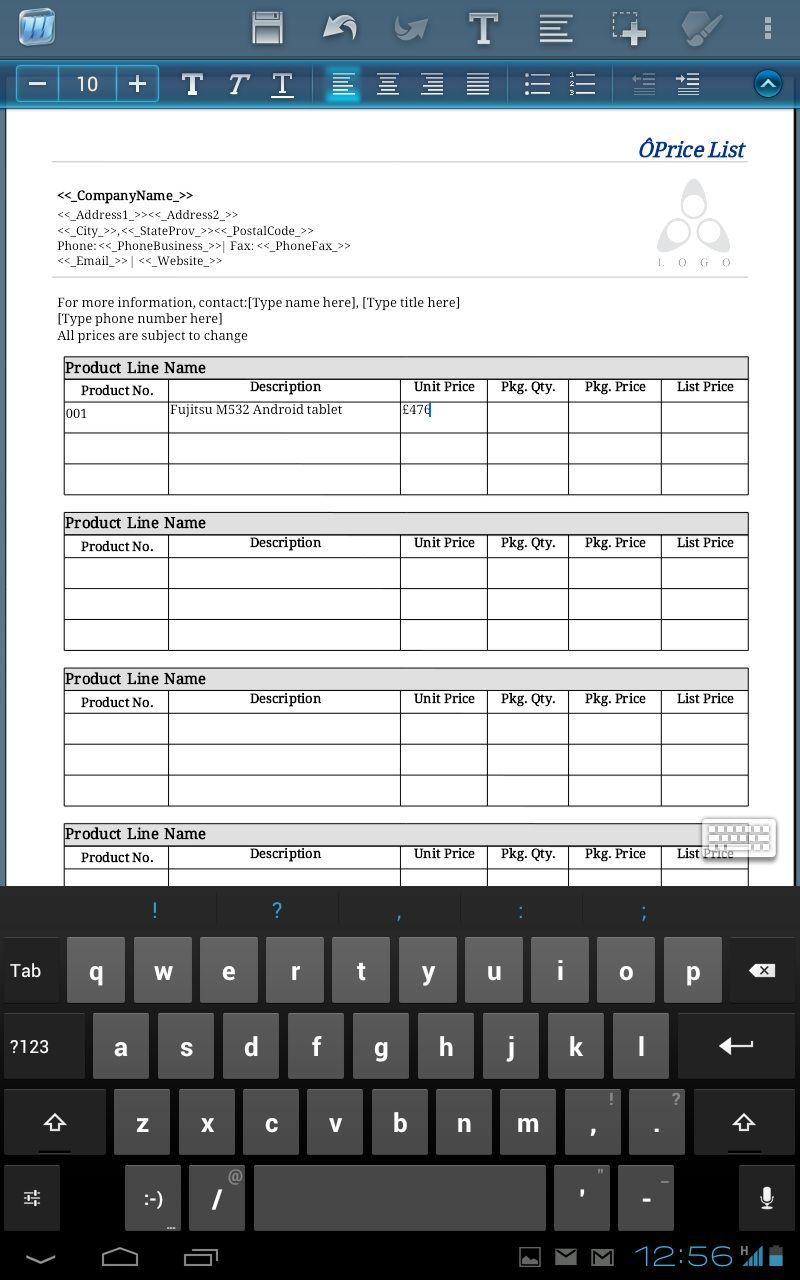 Fujitsu M532 Android tablet - ThinkFree Office screenshot
