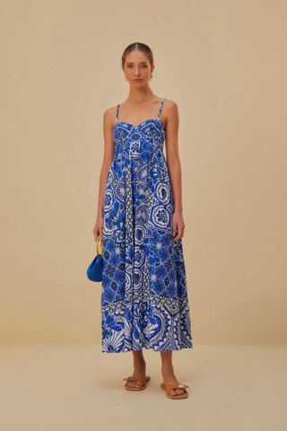 Farm Rio Blue Tile Dream Sleeveless Maxi Dress