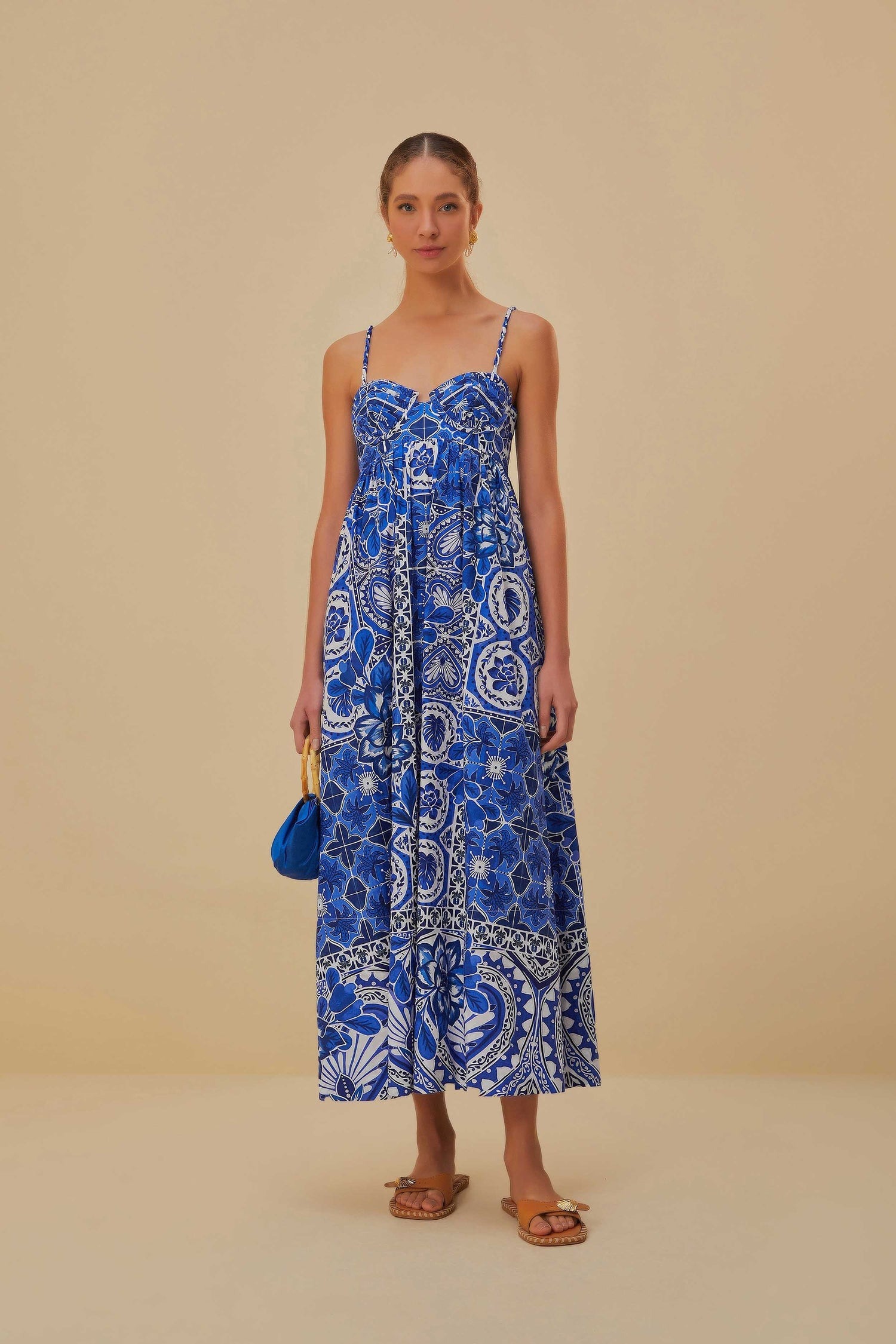 Farm Rio Blue Tile Dream Sleeveless Maxi Dress