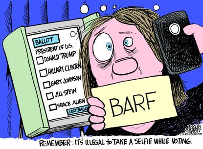Political cartoon U.S. 2016 election voting selfie