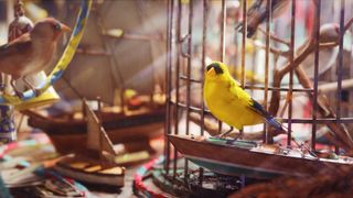 Arc Raiders Avian Alarm: A yellow bird perched on a toy wooden boat next to a bird cage.