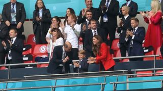 rince William, President of the Football Association and Prince George along with Catherine, Duchess of Cambridge celebrate during the UEFA Euro 2020 Championship Round of 16 match between England and Germany at Wembley Stadium on June 29, 2021 in London, England.