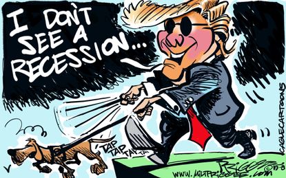 Political Cartoon U.S. Trump Blind Man Service Dog Don't See A Recession