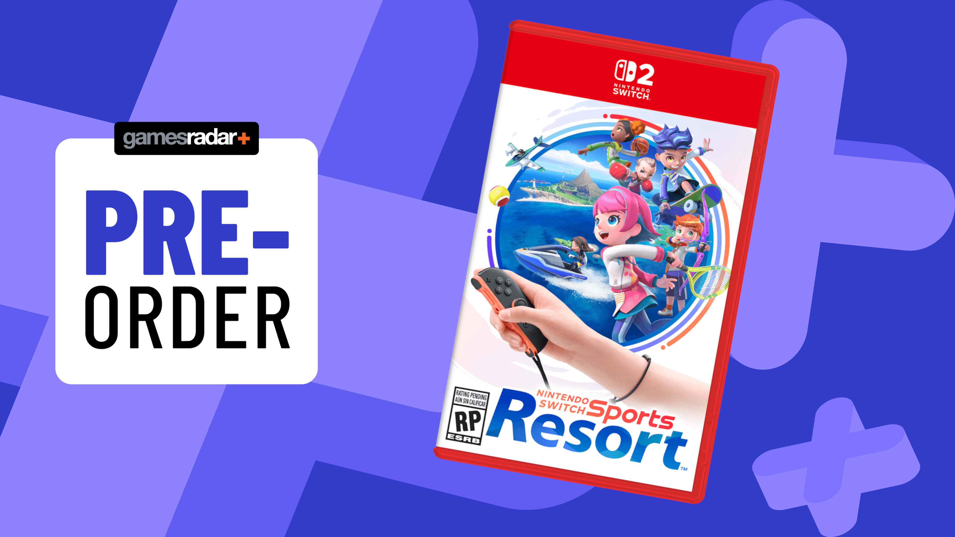 Nintendo Switch Sports Resort on a blue background with pre-order badge