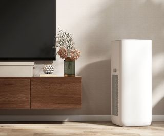 A dehumidifier next to a TV in a lounge