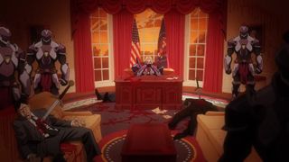 Princess Ilana of Pokolistan sitting in the US Presidents' office in the White House in Creature Commandos episode 4