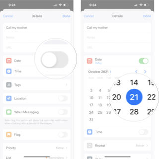 Add a Date to Task In Reminders in iOS 15: Tap the Dtae ON/Off switch and then select the date you want.