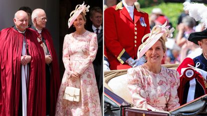 Composite of Duchess Sophie wearing a pink Zimmerman dress at the Order of the Garter ceremony; in the first picture she is also holding a Strathberry handbag