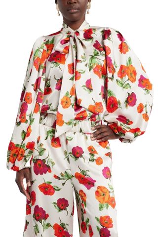 Harbison Romantic Floral Tie Neck Top