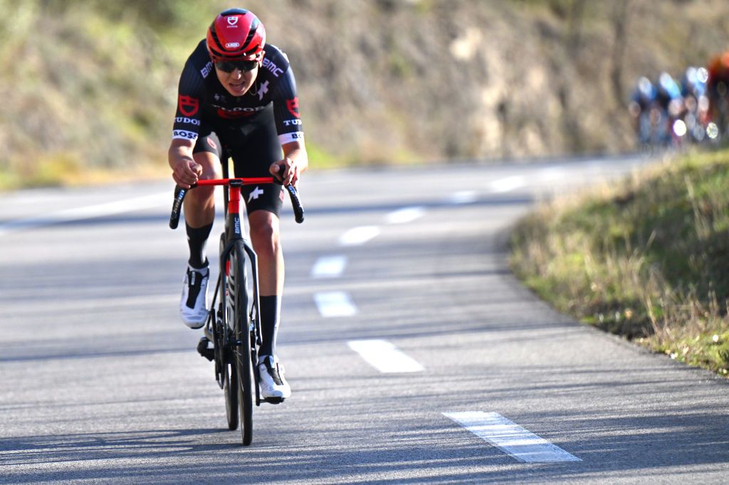 BESSEGES FRANCE FEBRUARY 02 Marco Brenner of Germany and Team Tudor Pro Cycling Team attacks in the final kilometres during the 54th Etoile de Besseges Tour du Gard Stage 3 a 16111km stage from Besseges to Besseges on February 02 2024 in Besseges France Photo by Luc ClaessenGetty Images