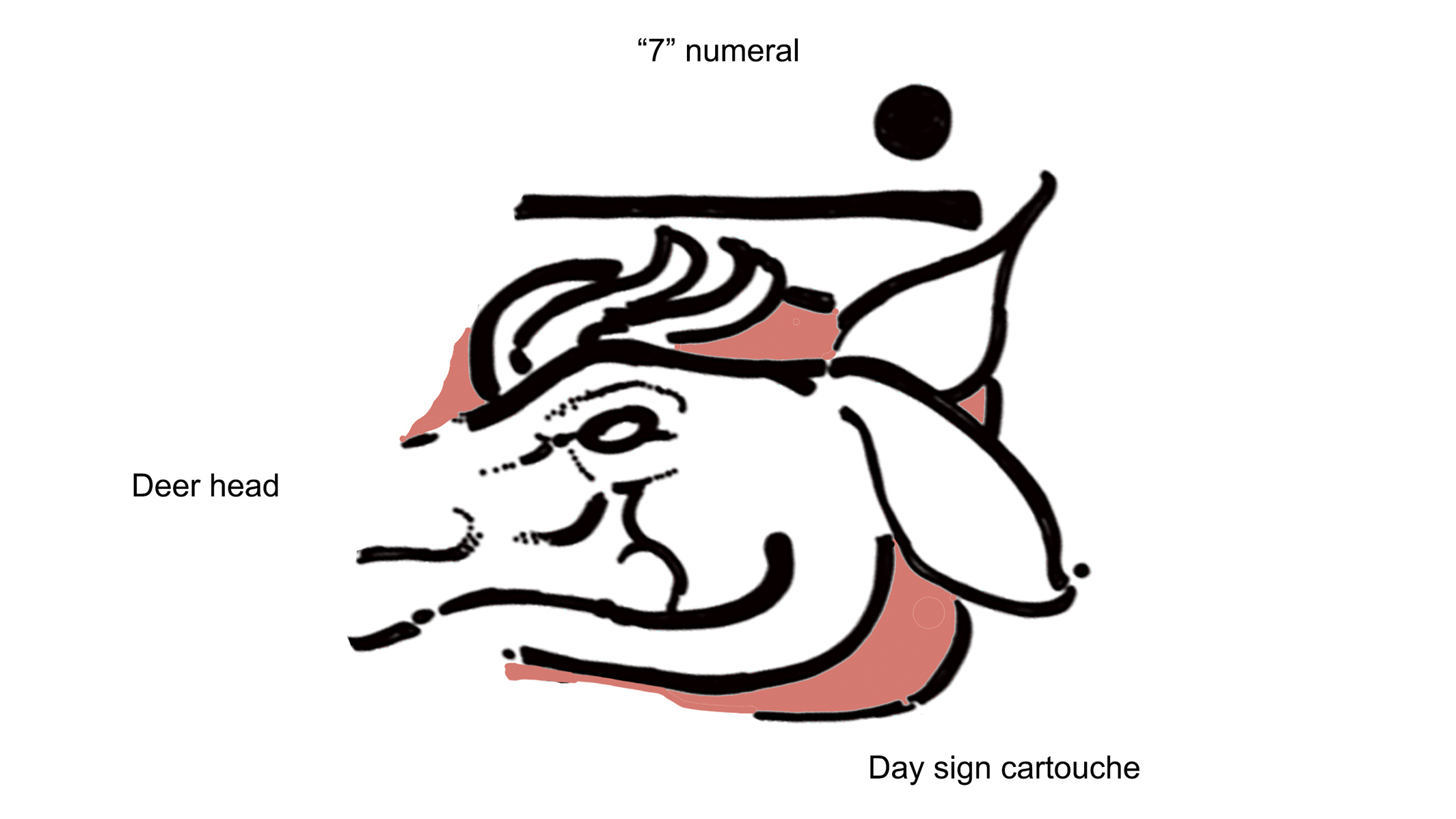 Detail of the 7 Deer Day sign, San Bartolo, Guatemala.  Illustration of the 7 Deer Day sign from the parietal of San Bartolo No. 4778 with explanation of the year, cartouche (color added for visibility), and deer head.