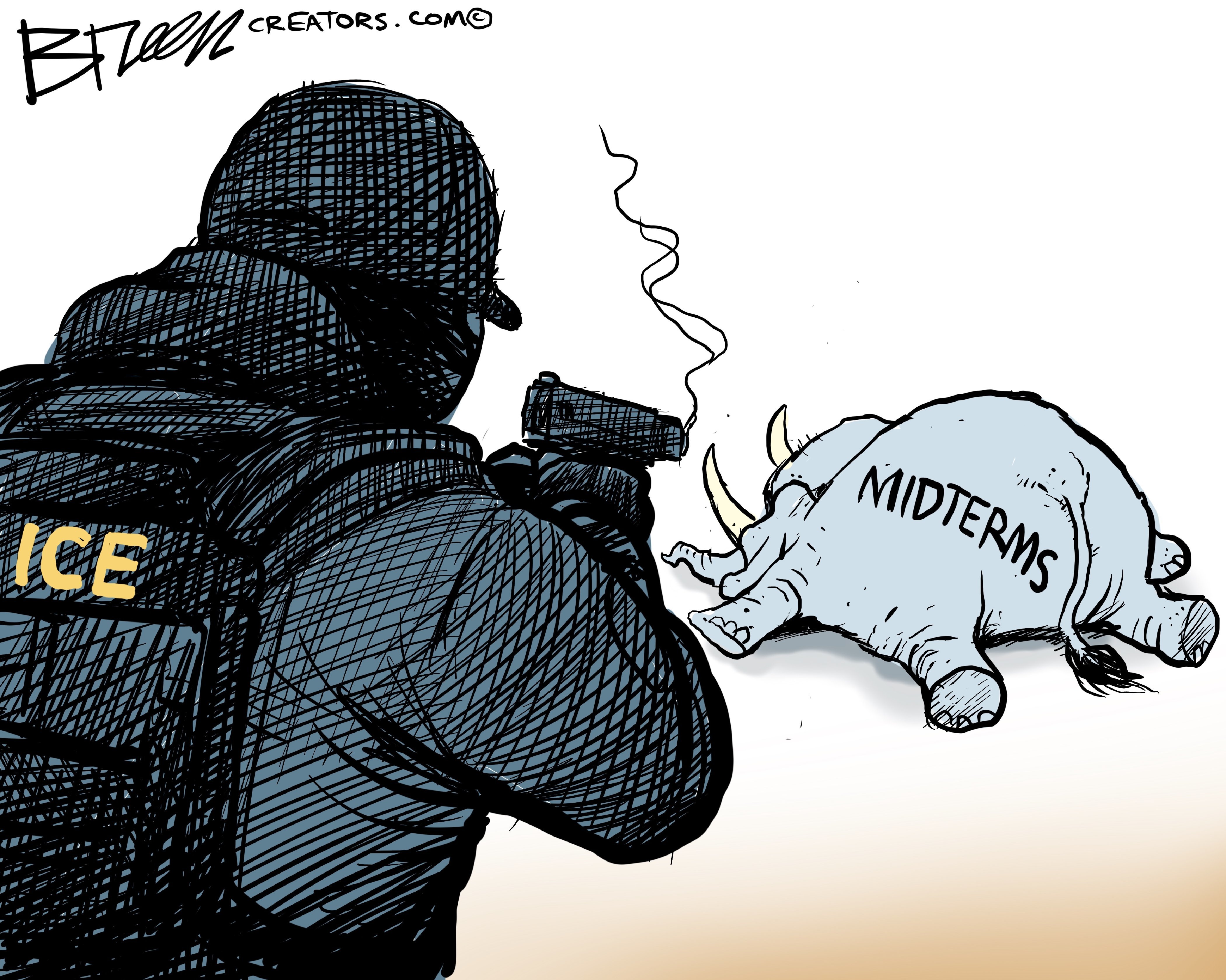 This cartoon is drawn so the reader&amp;rsquo;s perspective is looking over the shoulder of a masked and armed ICE agent who holds a smoking gun. The gun has been used to kill an elephant labeled &amp;ldquo;Midterms&amp;rdquo; that lies dead in the street.