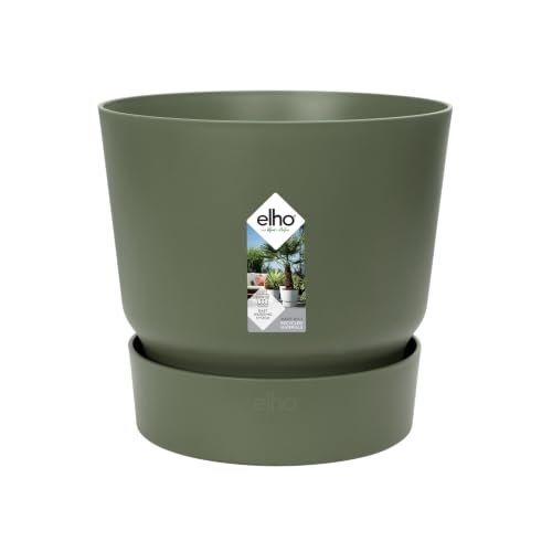 Elho Greenville Round 14cm Flower Pot - Leaf Green | &amp;Oslash; 14 X H 13.4 Cm | Integrated Saucer | Suitable for Indoor &amp;amp; Outdoor Use | 100% Recycled Plastic