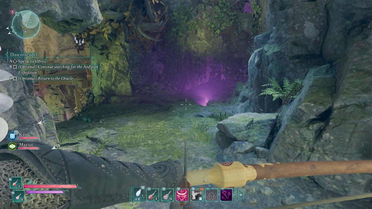 A small cave that you can duck into next to a purple slit in the earth.