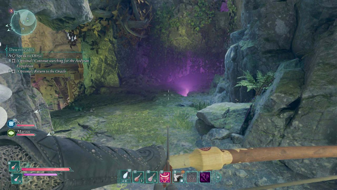A small cave that you can duck into next to a purple slit in the earth.