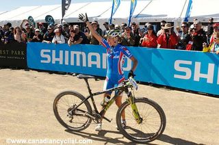 Irina Kalentieva (Russia), the new World Champion, greets the crowd.