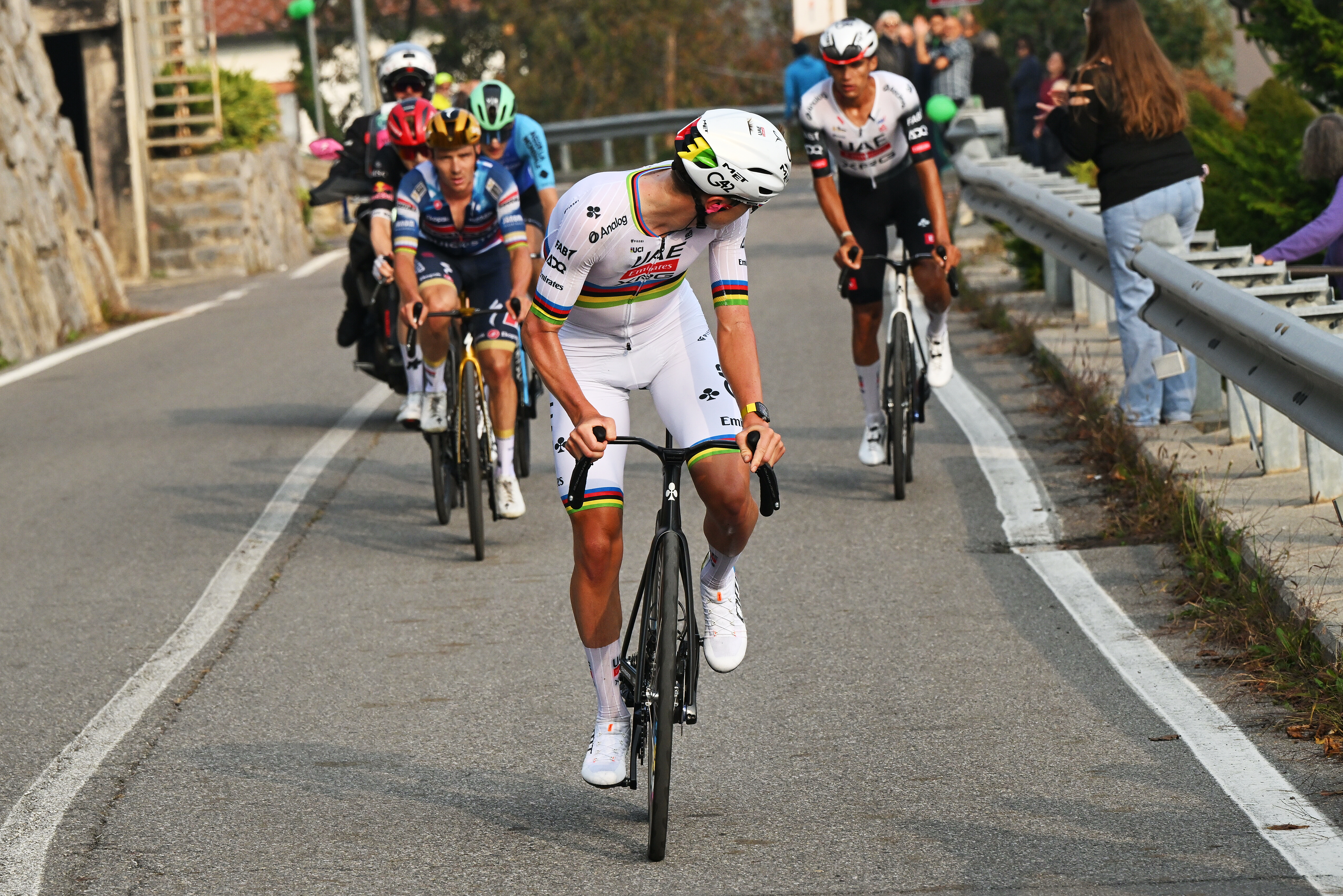 BERGAMO, ITALY - OCTOBER 11: Tadej Pogacar of Slovenia and Team UAE Team Emirates attacks in the chase group during the 119th Il Lombardia 2025 a 241km one day race from Como to Bergamo on October 11, 2025 in Bergamo, Italy. (Photo by Dario Belingheri/Getty Images)