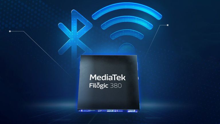 MediaTek Filogic 380 chip on Wi-Fi 7 symbol background