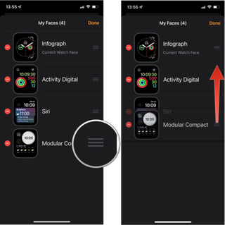 Organize Apple Watch faces via iPhone: Tap and hold on the organize icon (three lines) and drag the watch face up or down to its new position