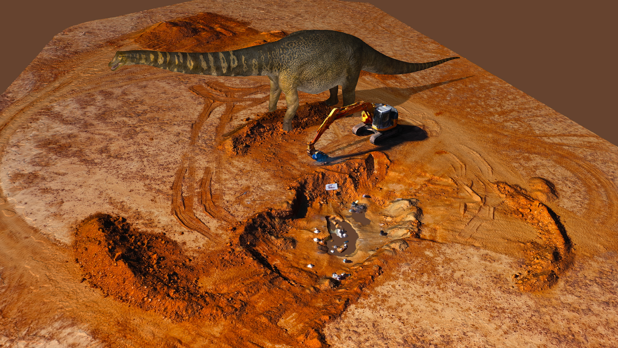 A digital image of the newly described dinosaur, Australotitan cooperensis, next to its dig site.