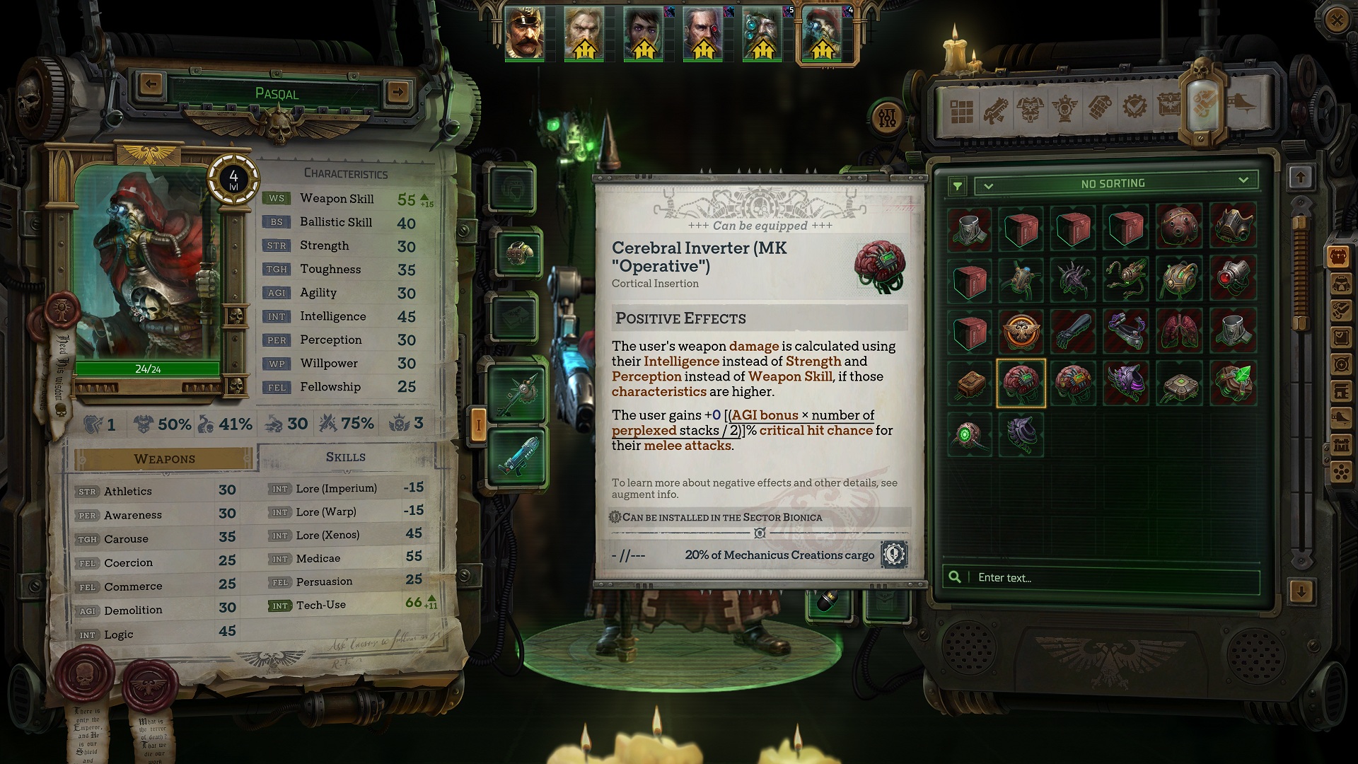 Trailer screenshot of an augmentation implant item with a description saying it will power up a character's damage by using their Intelligence and Perception, instead of Strength and Weapon Skill.