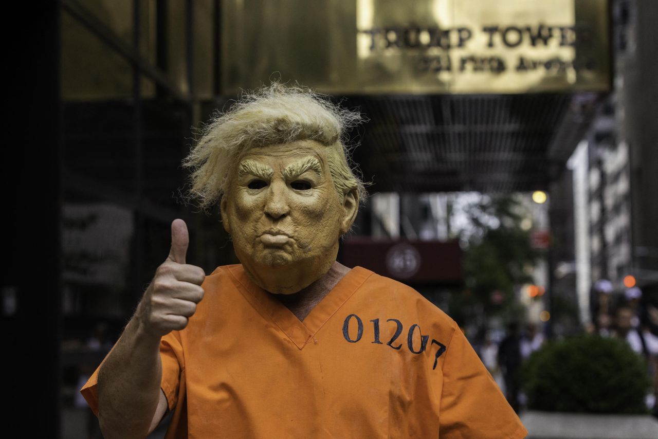 Protester in Trump costume outside Trump Tower