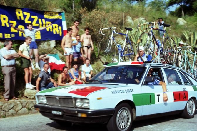 1984 Worlds: Italy's team car in action during the men's road race