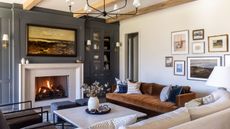 A dark blue and white living room