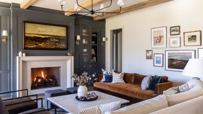 A dark blue and white living room