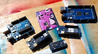 Arduino Boards and clones, including the pink ElectroCookie Leonardo