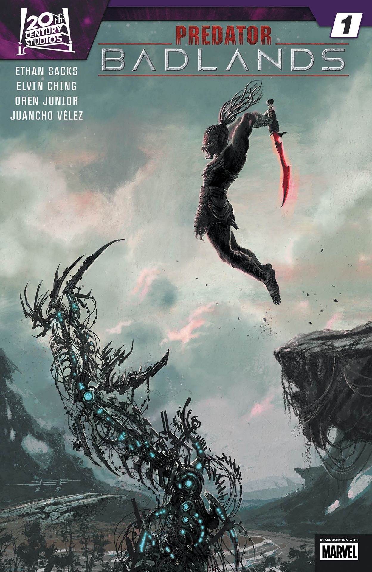 A Yautja leaping at a techno-organic looking monster