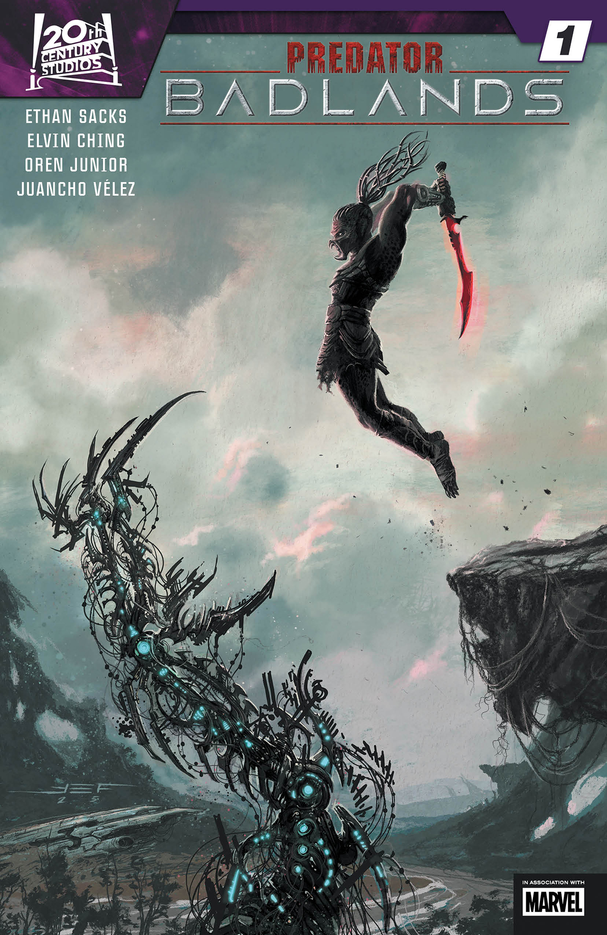 A Yautja leaping at a techno-organic looking monster