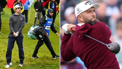 Joaquin Niemann watches a shot, Rahm hits a driver