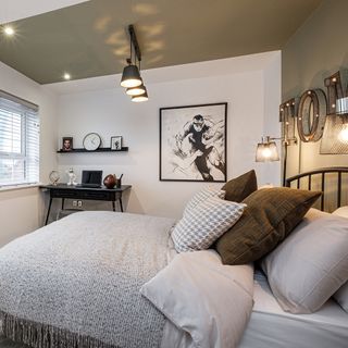 bedroom with white and brown wall bed with designed cushion wall pieces and shelf