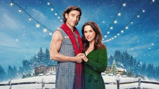 Dustin Milligan as Jack and Lacey Chabert as Kathy in the poster for "Hot Frosty" on Netflix