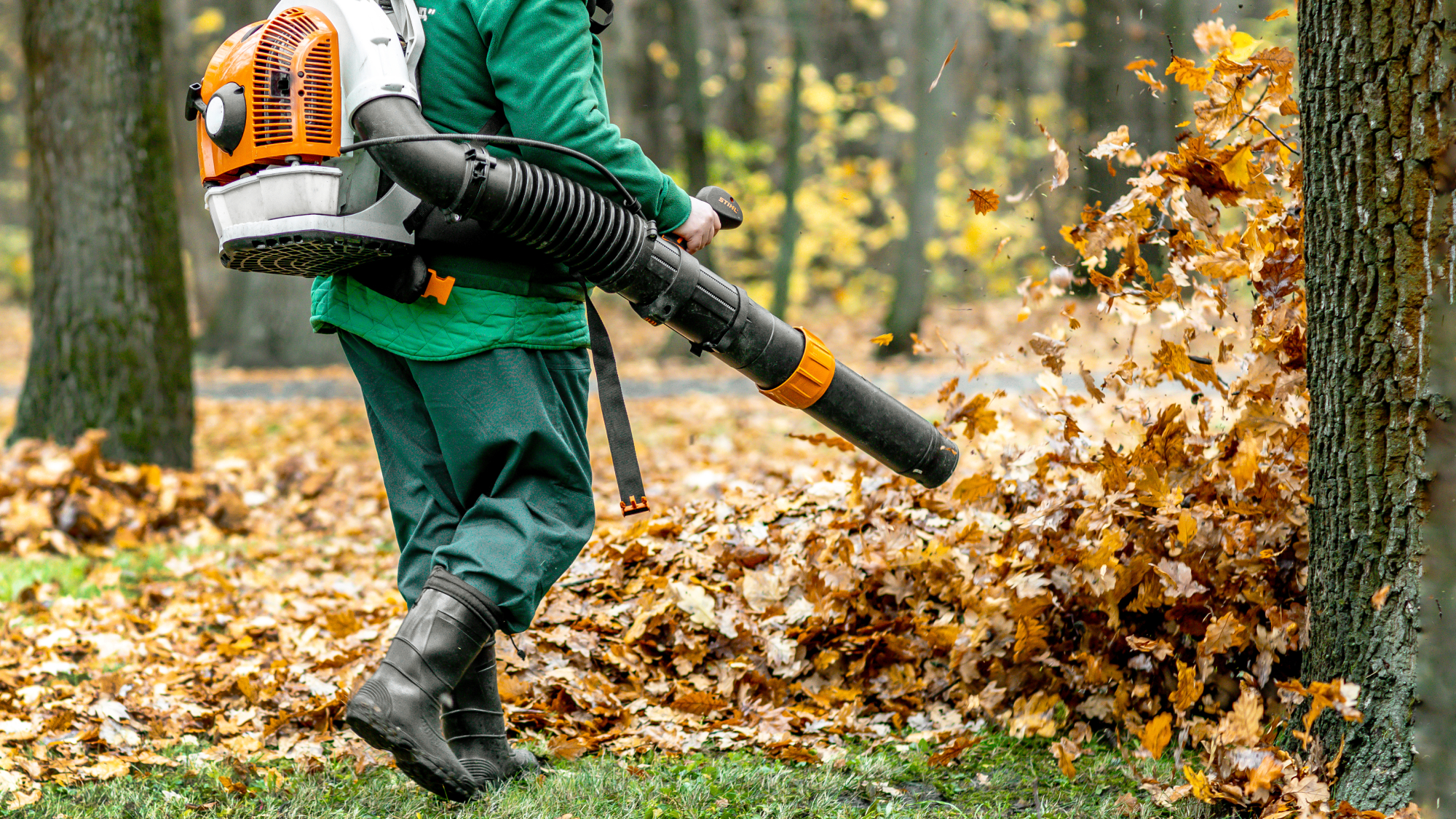 person blowing leaves with backpack blower