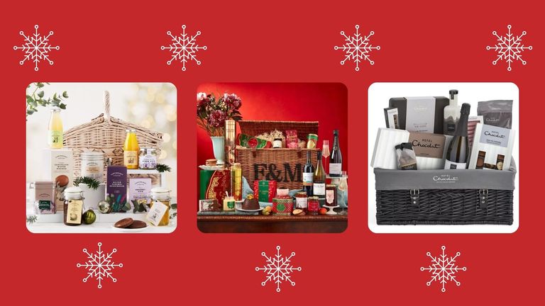 three of w&h's best Christmas hampers picks on a red background with white snowflakes