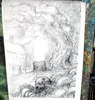 Sketch of well with flames billowing out of it next to a house