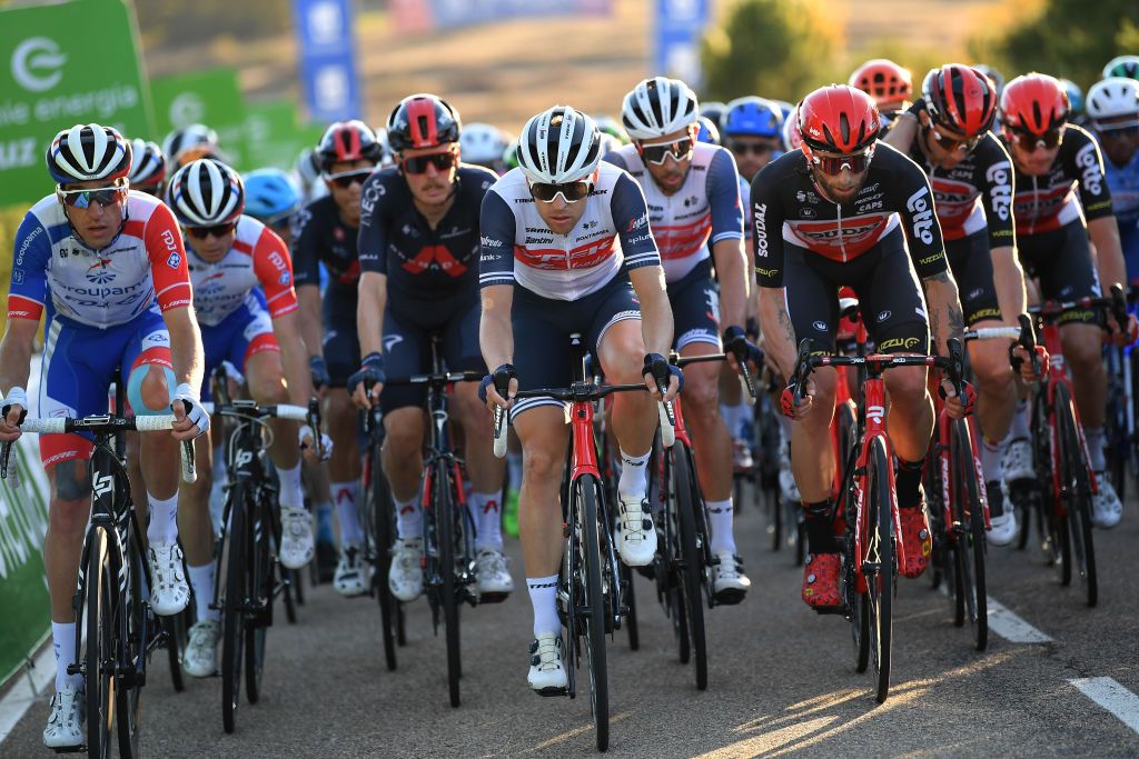 AGUILAR DE CAMPOO SPAIN OCTOBER 29 Bruno Armirail of France and Team Groupama FDJ Juan Pedro Lopez of Spain and Team Trek Segafredo Tomasz Marczynski of Poland and Team Lotto Soudal during the 75th Tour of Spain 2020 Stage 9 a 1577km stage from Cid Campeador Military Base Castrillo del Val to Aguilar de Campoo lavuelta LaVuelta20 on October 29 2020 in Aguilar de Campoo Spain Photo by Justin SetterfieldGetty Images