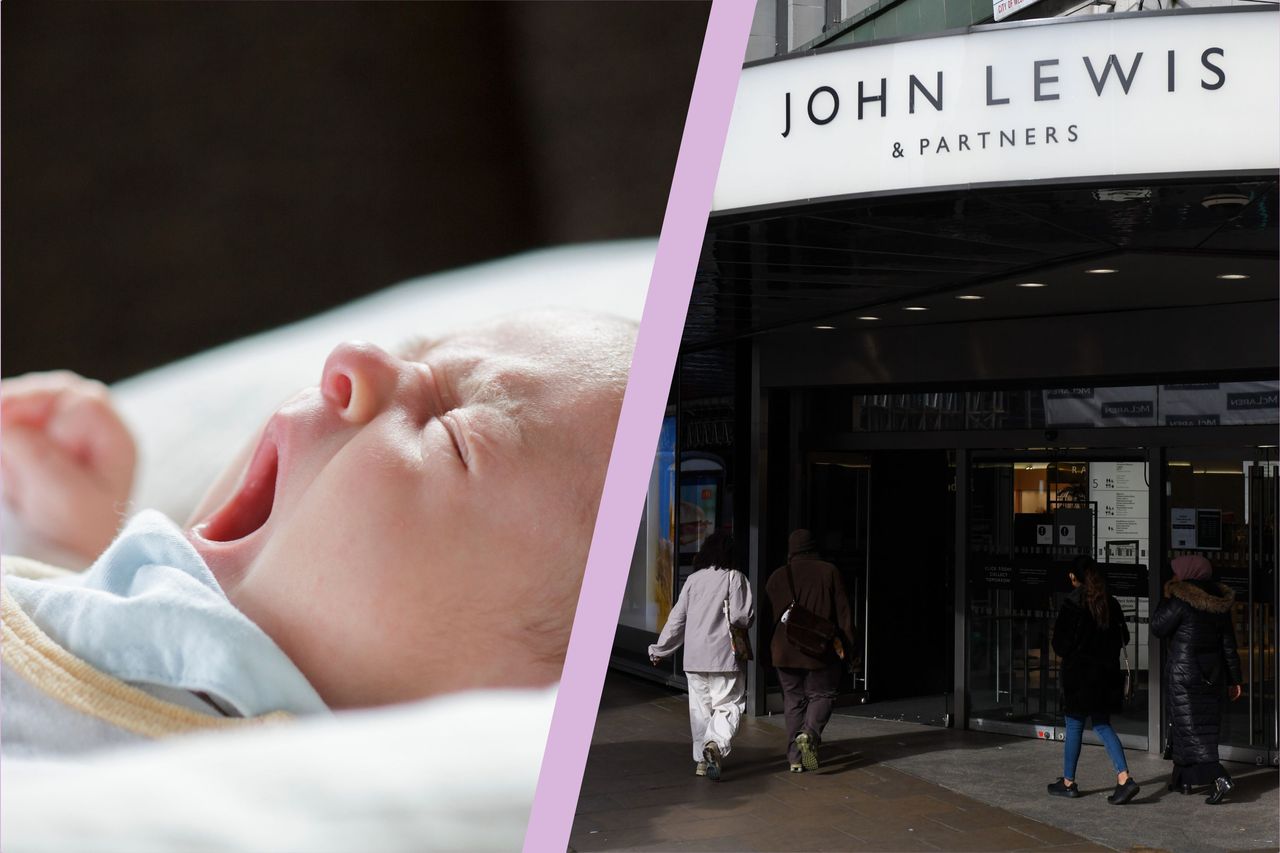 Baby sleeping split layout with John Lewis shop front