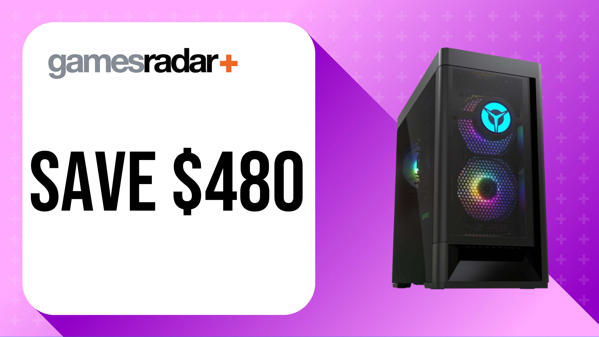 Lenovo legion tower deal image with $480 saving stamp and purple background