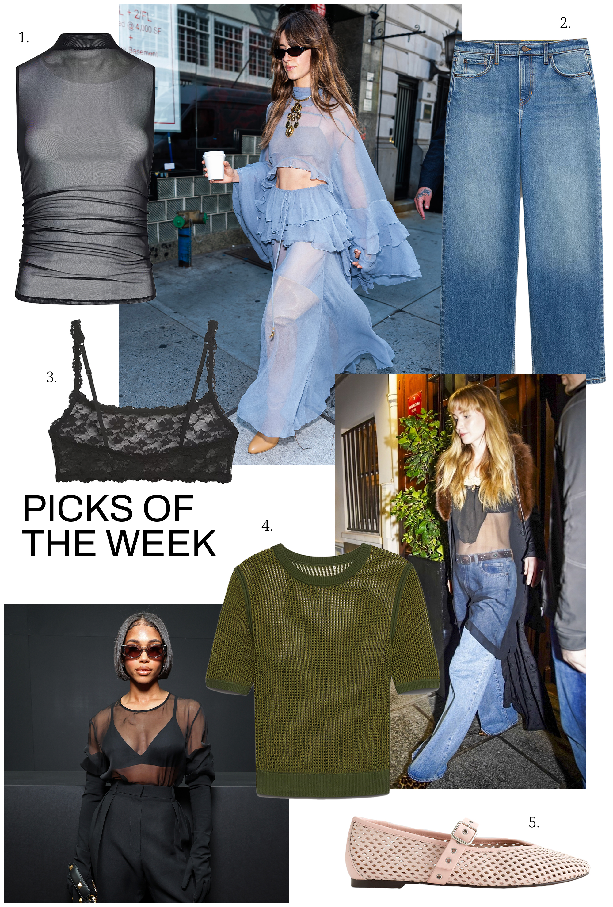 collage of the sheer shirt trend for The A-List Edit