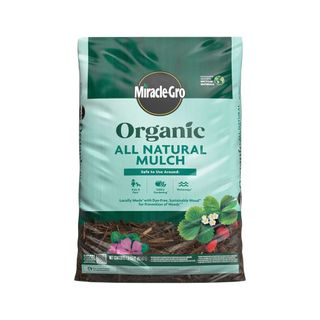 bag of organic all natural mulch from Miracle-Gro on white background