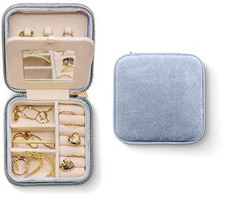 Benevolence La Plush Velvet Travel Jewelry Organizer Box | Jewelry Boxes for Women, Travel Jewelry Case | Jewelry Travel Organizer for Women | Earring Organizer With Mirror, Periwinkle Blue