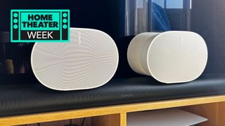 Sonos Era 300 pair on top of a Sonos Arc