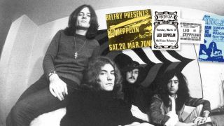 Led Zeppelin on a sofa,. and some tickets and posters for the 1971 club tour