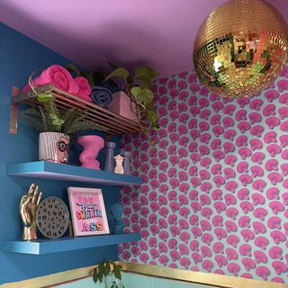 floating shelve with pink wall wallpaper and plant