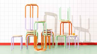 Colourful stools stacked, part of Ikea 80th anniversary collection reissues of vintage designs