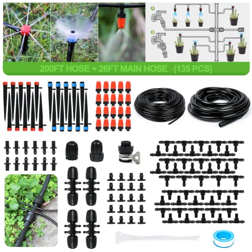 Mixc 68m/226ft Drip Irrigation System Kit, Easy to Setup Automatic Watering With Anti-Uv 1/4" &amp;amp; 1/2" Tubing, Water-Saving Adjustable Sprinklers for Garden Greenhouse Allotment Potted Plants