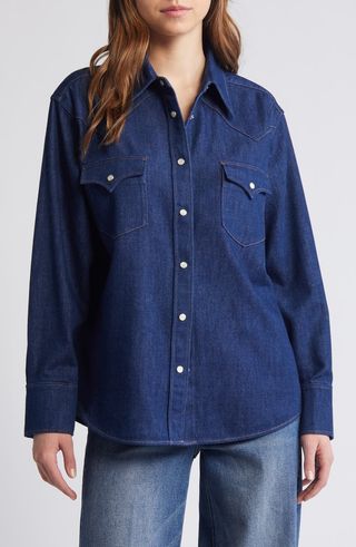 Oversized organic cotton blend western denim shirt with snap buttons